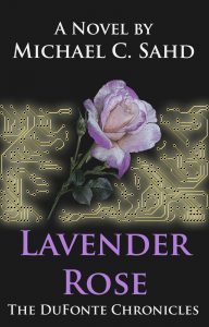 Lavender-colored rose against a technology background